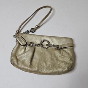 Coach Gold Leather Wristlet Wallet Champagne Silver Chain Zipper Strap